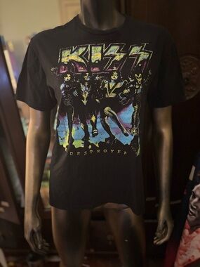 KISS Black Tee with Neon Yellow, Aqua and Purple Artwork